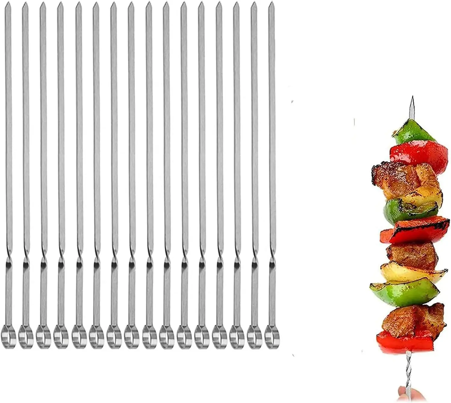 14 Inch Metal Grilling Skewers, Flat BBQ Kabob Skewers, Reusable Barbecue Skewer Set, 16 Pack