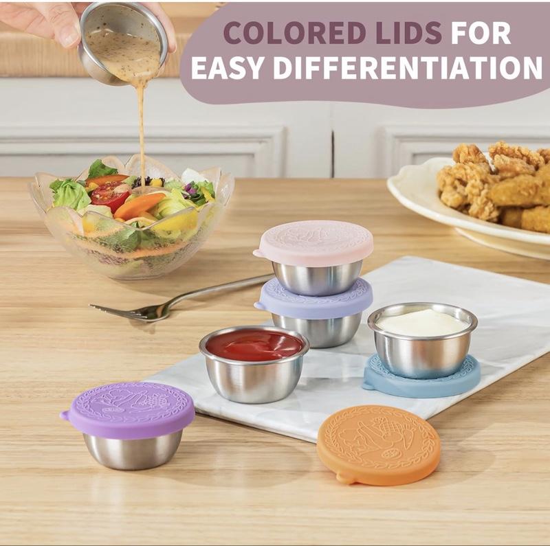 8 Pack - 1.6 Oz Small Salad Dressing Containers To Go, Leakproof Condiment Containers with Lids Reusable Stainless Steel Sauce Cups for Lunch Boxes Kitchen Storage Picnics Travel Meal Prep