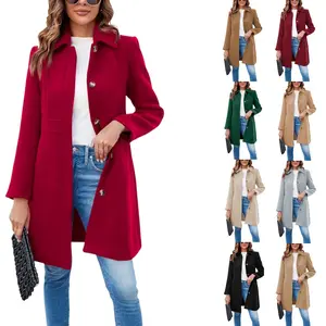 Lannew Women's Elegant Single Breasted Coat Long Sleeve Mid Winter Overcoat Work Office Pea Coat