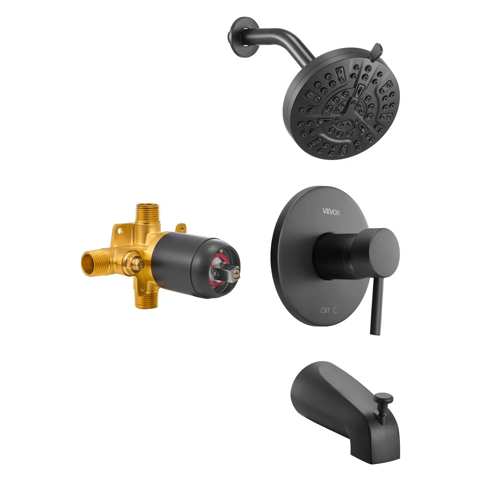 VEVOR Single-Handle Tub and Shower Faucet Set, 5-Inch Rain Shower Head, Bathtub Spout, 8-Setting Adjustable Spray, Brass Pressure Balancing Valve Tub Trim Kit, Matte Black, Shower Heads