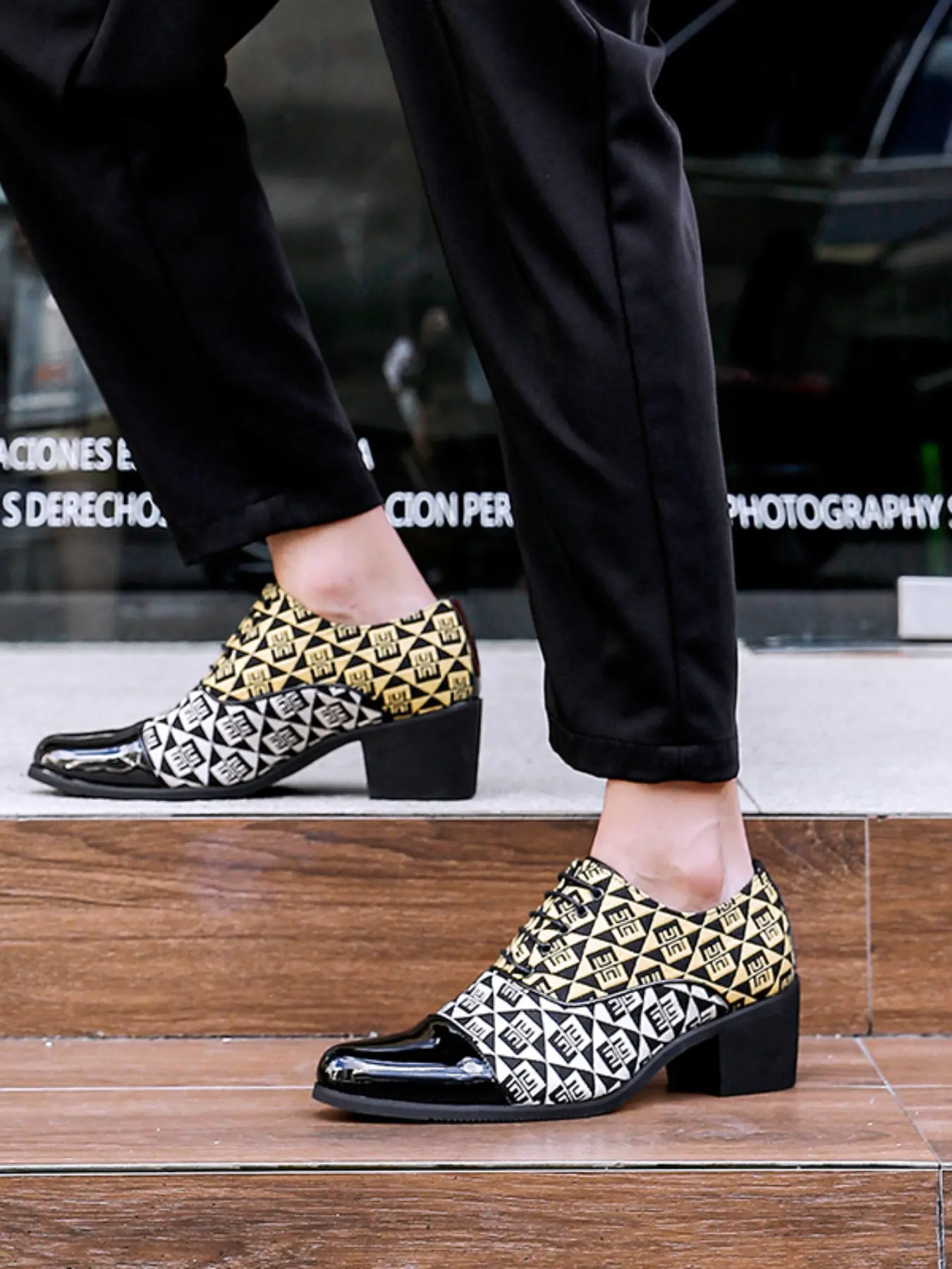 Men's PU Patchwork Fashionable Pointed Toe High Heels, Fashion Dual Color Rhombic Grid Cuban Shoes, Stylish Men's Footwear, Formal Shoes