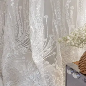 Luxury Pearl Sequin Lace Curtain, Home Decoration Curtain, European High-End Embroidered Drapes, Sunshade for Living Room Bedroom Balcony, Minimalist Style, Beaded Curtain