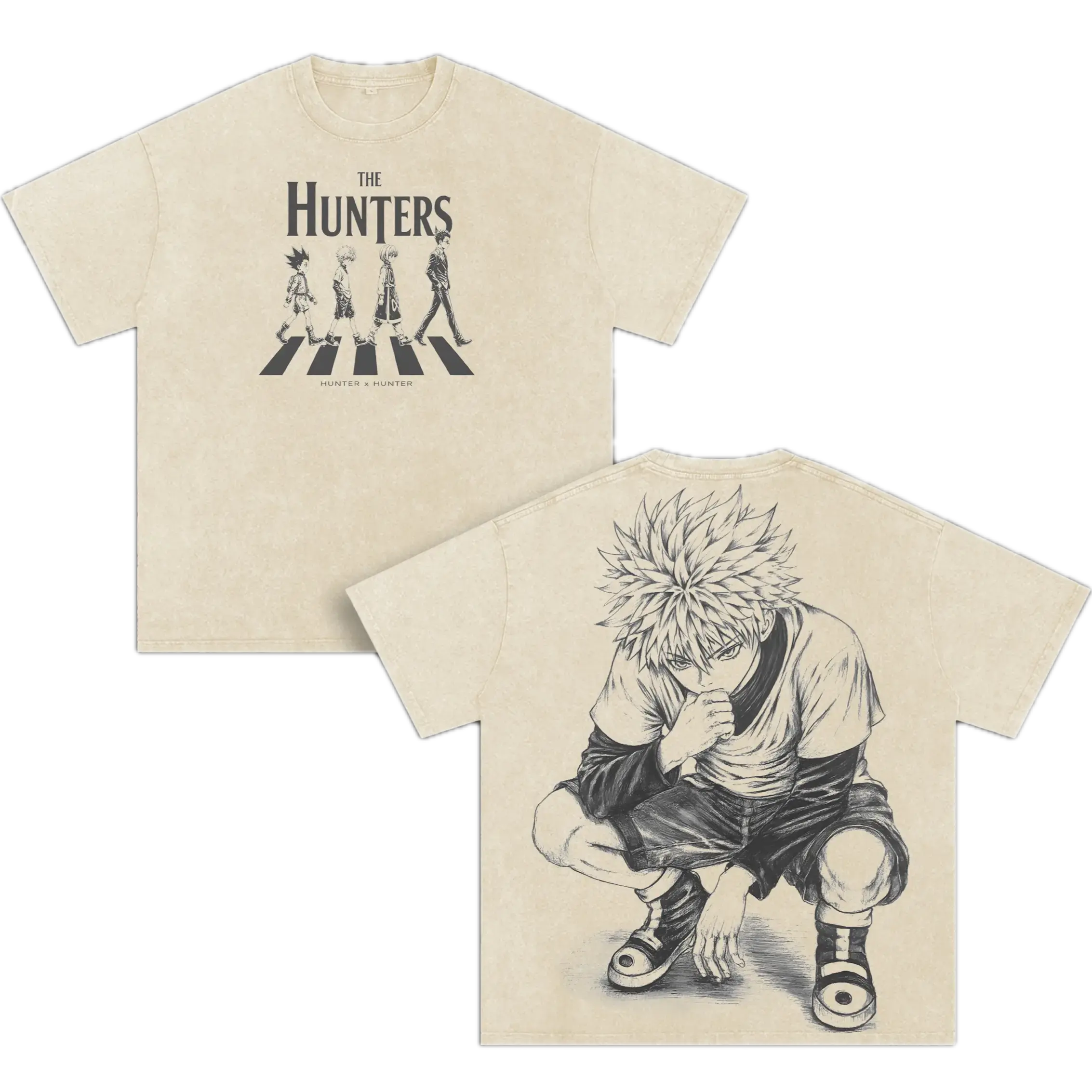 Vintage Washed Killua Zoldyck Hunter x Hunter Anime Double Printed Unisex Oversize Tee Heavyweight Cotton Manga T-shirt