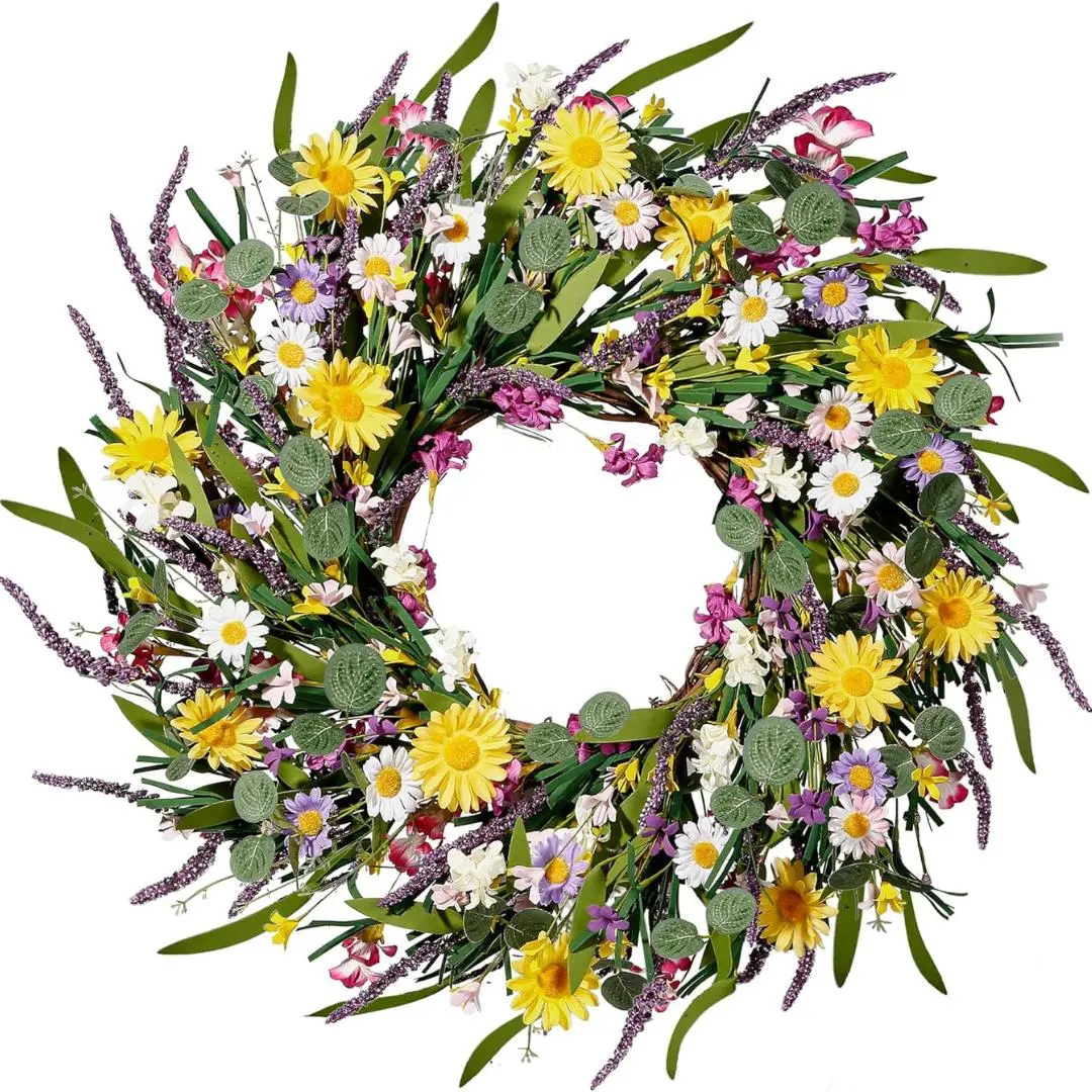 Daisy and Lavender Wreath 24’’ Wildflower Wreath Spring and Summer Wreath Artificial Spring Wreath Silk Summer Wreath for Front Door Home Wall…