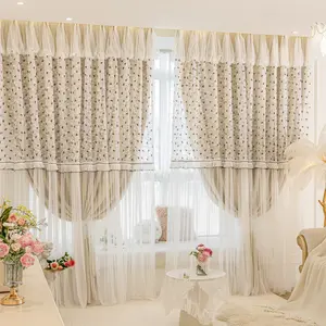 Princess Style Cream Color Curtains, Elegant Two-Layer Design for Bedroom & Balcony, Perfect for Girls' Room Decor
