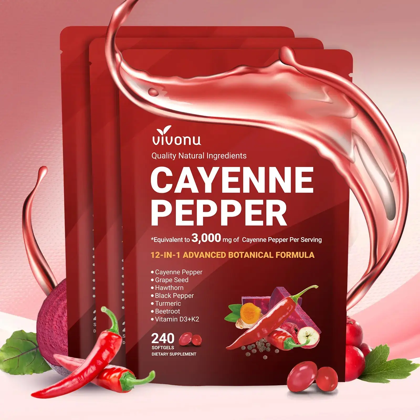 VivoNu Cayenne Pepper Softgels Supplement, Supports Leg Vein, Heart and Blood Vessel Health, with Vitamin E D3+K2 and Extracts of Grape Seed, Hawthorn, Beetroot and Others (240 Softge /1 Bag) SummerVibes