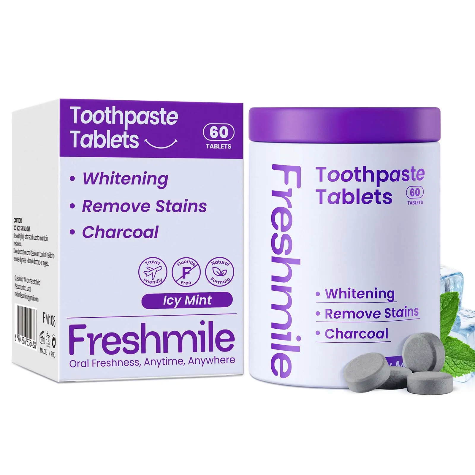 Whitening Toothpaste Tablets with Nano-Hydroxyapatite & Activated Charcoal, Repairs Enamel & Removes Stains, Fluoride-Free, Icy Mint Flavor, 60 Count, Remove Stains