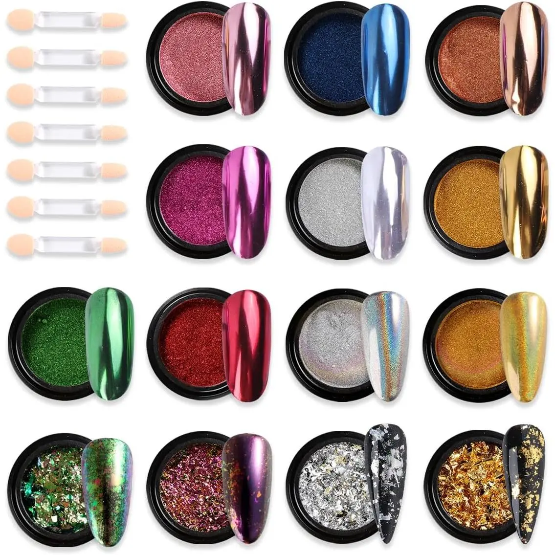 Chrome Nail Powder Set - 14 Pink, Blue, Silver Metallic Mirror Powders with Brushes, Holographic Mix Pigment, Chameleon Flakes, Gold Leaf Decorations, Vibrant Shine Nail Art Supplies for Beauty & Personal Care