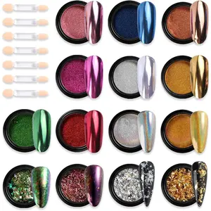 Chrome Nail Powder Set 14 Colors Pink Blue Silver Metallic Effect Mirror Powder for Nails With Brushes Holographic Pigment Chameleon Flakes for Nails Gold Leaf Decoration Nail Supplies springtok