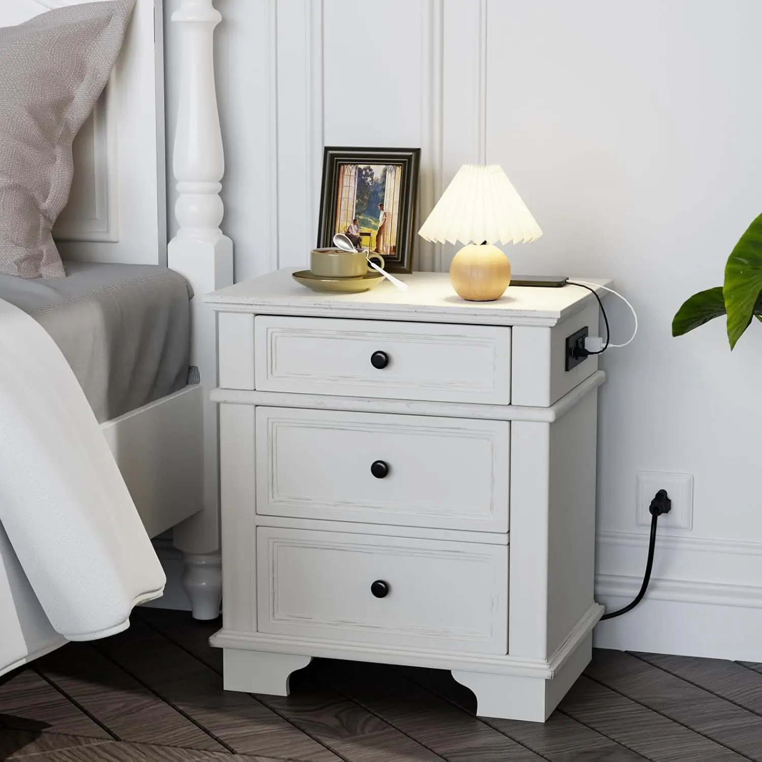 VINGLI Nightstand with Charging Station, 24" W Nightstand with 3 Textured Drawers, Large Nightstand, Bedroom Nightstands w/Curved Legs, Bedside Table, Side Table, Vintage Night Stand, Antique White