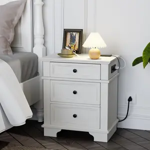 VINGLI Nightstand with Charging Station, 24" W Nightstand with 3 Textured Drawers, Large Nightstand, Bedroom Nightstands w/Curved Legs, Bedside Table, Side Table, Vintage Night Stand, Antique White
