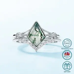Women's Retro S925 Silver Aquatic Moss Agate Ring Set, Double-Layer Stacking Design, Set with 7*10mm Natural Green Moss Stone, Ideal Gift for Birthdays, Holidays
