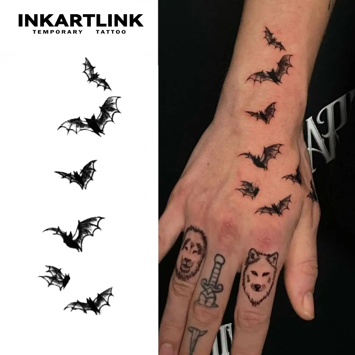 INKARTLINK Semi-Permanent Tattoos, 2 Sheets with Realistic Bat Design, Waterproof Fake Tattoos Lasting 1-2 Weeks for Adults, Men & Women, Realistic Fake Tattoos