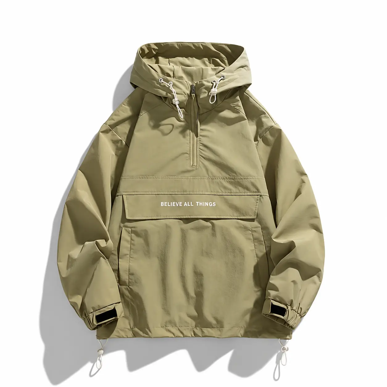 Men's Half Zip Windbreaker Jacket Lightweight Hooded Coat with Drawstring Hem and Side Pockets, Suitable for Teens and Adults, Oversized Streetwear Outdoor Sports Jacket, Olive Green/Other Colors All Season Casual Jacket, Menswear Stylish Big Loose Fashio