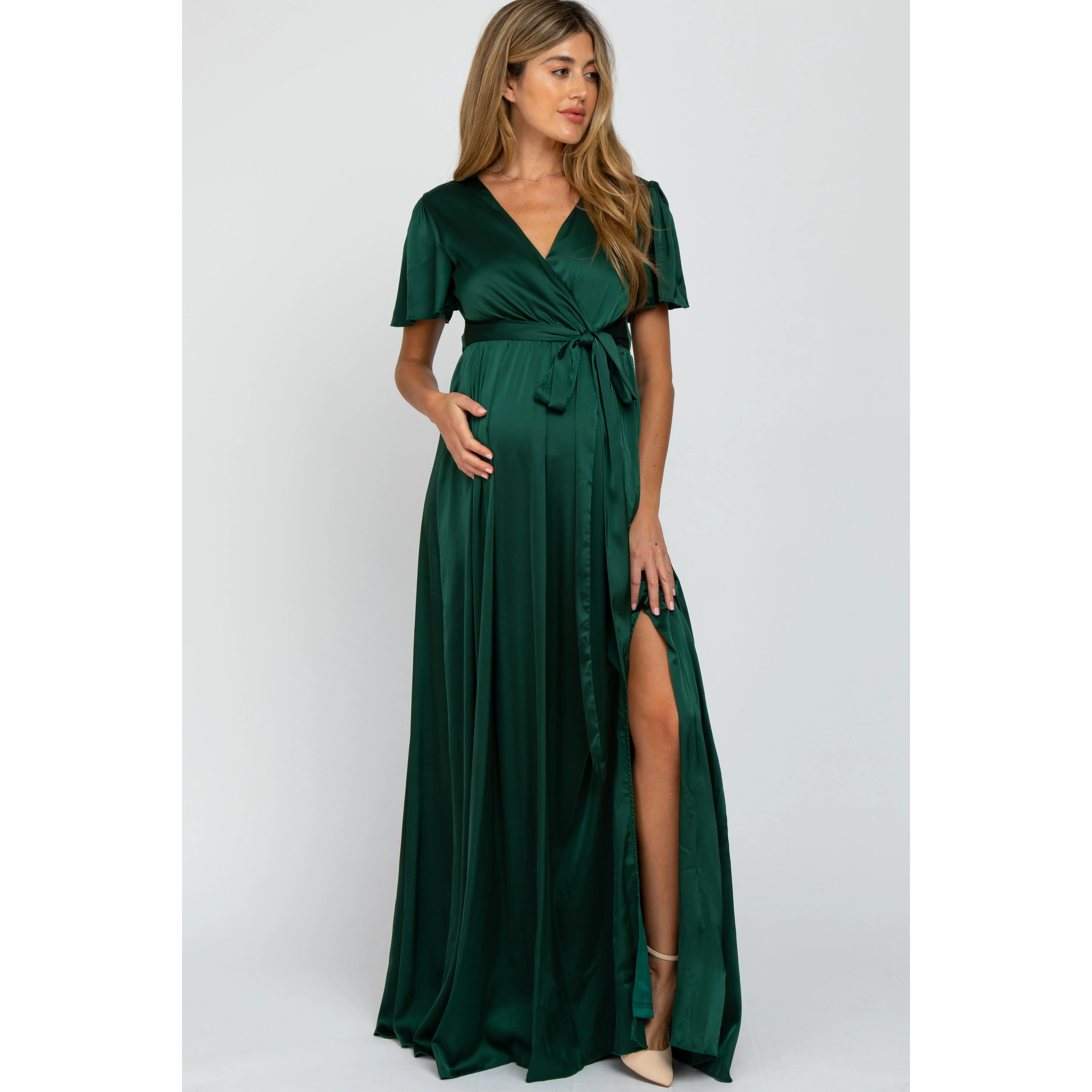 Green Side Slit Satin Maternity Maxi Dress