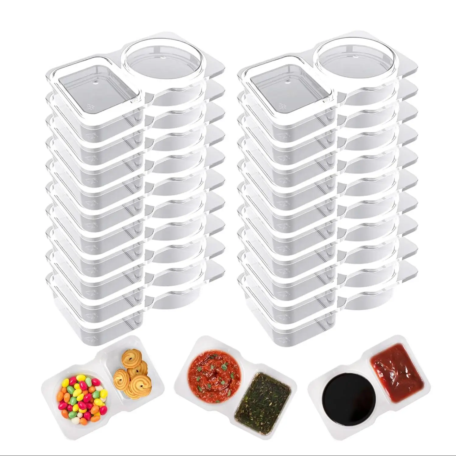 Double Compartment Condiment Container, 20pcs/set Plastic Reusable Snack Container with Lid, Sauce Storage Container for Snack, Dip, Takeout, Travel a