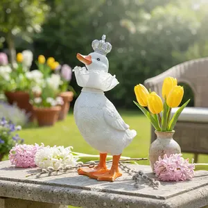 Cute Royal Duck Resin Statue with Crown & Lace Collar, 10.83in Easter Garden Decor, Cute Duck Statues