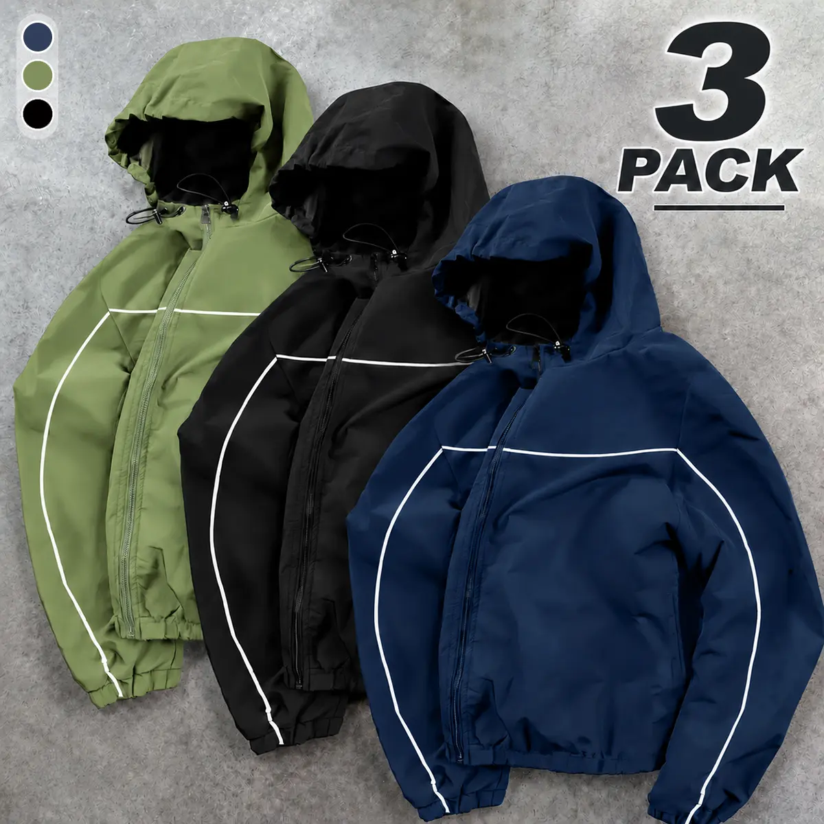 Men’s 3-Pack Hooded Full-Zip Lightweight Jackets, Reflective Piping Windbreaker Coats, Casual Outdoor Zip-Up Jackets with Elastic Cuffs & Hem, Fall/Spring Everyday Streetwear, Black/Navy/Green