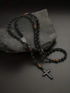 Cross Charm Beaded Necklace for Men, Boho Style Pendant Necklace for Party, Daily Decor, Trendy All-match Vintage Jewelry for Birthday Gift, Cross Necklaces