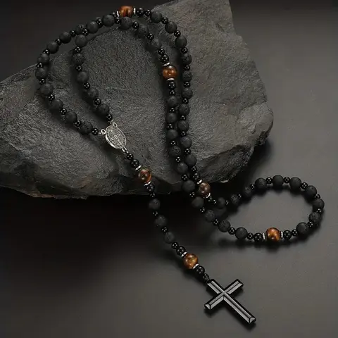 Cross Charm Beaded Necklace for Men, Boho Style Pendant Necklace for Parties and Daily Wear, Trendy All-match Vintage Jewelry for Birthday, Cross Necklaces, Trendy Fashionable Accessories