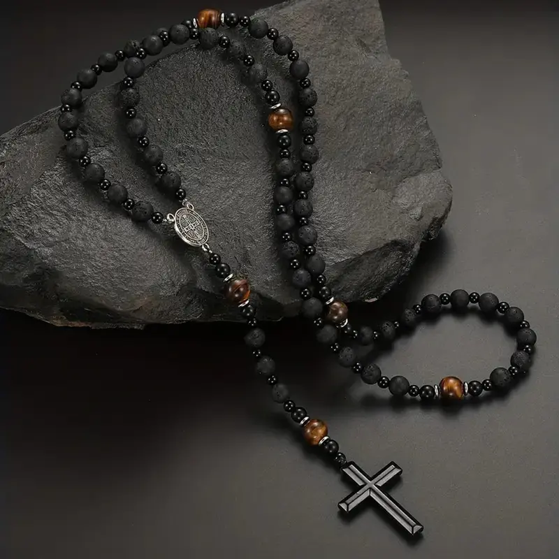 Cross Charm Beaded Necklace for Men, Boho Style Pendant Necklace for Parties and Daily Wear, Trendy All-match Vintage Jewelry for Birthday, Cross Necklaces, Trendy Fashionable Accessories