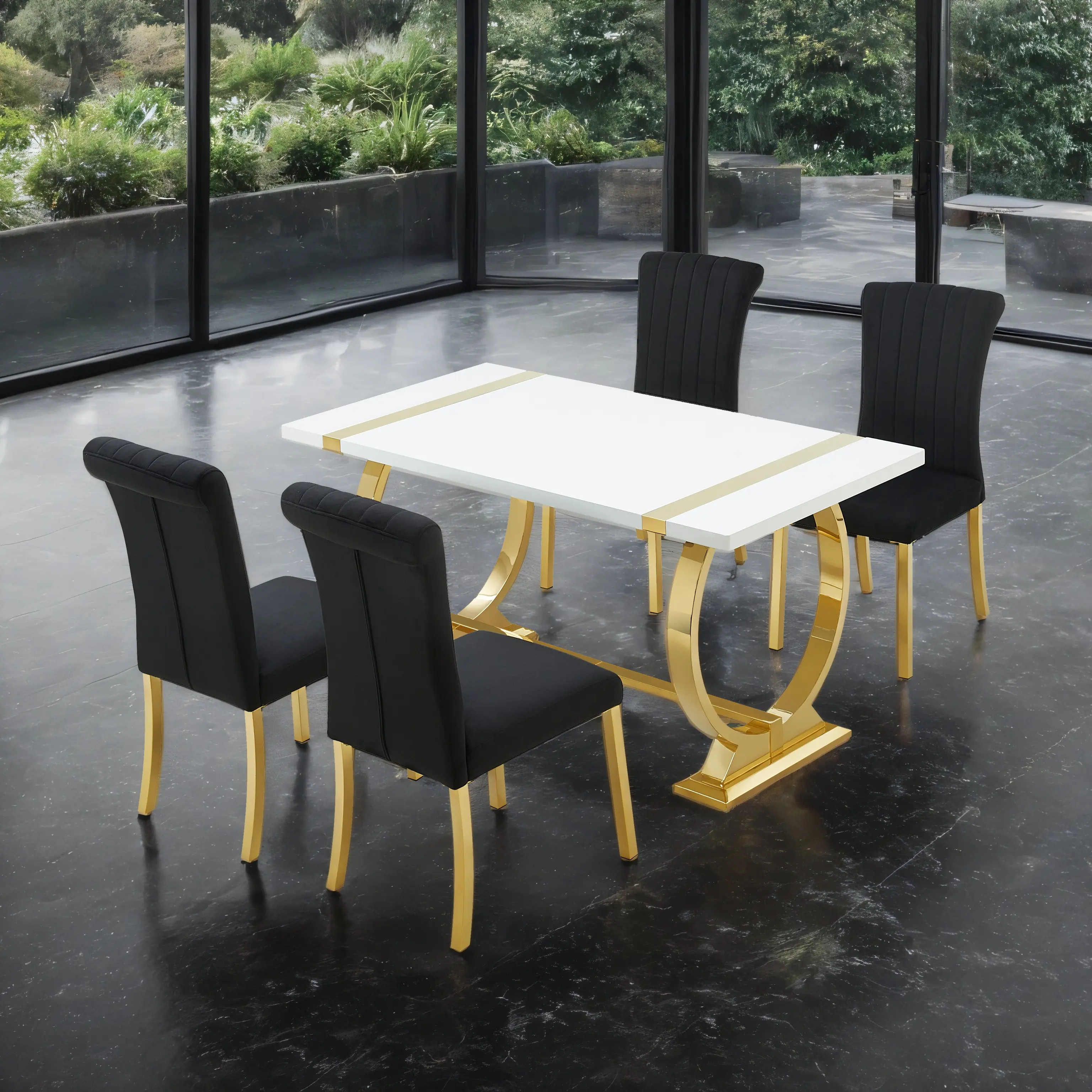 Holstebro 5-Piece Contemporary Dining Table Set with Channel Tufted Chairs and Gold Stainless Steel Base by FOA