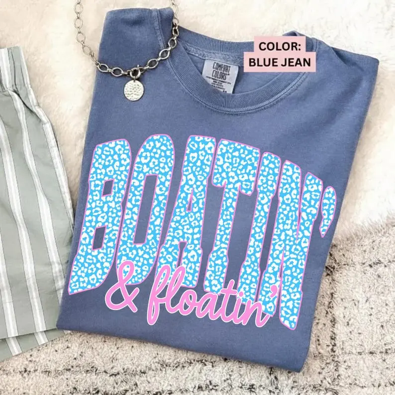 Comfort Colors Boat & Floatin T Shirt, Lake Life Summer TShirt, Leopard Varsity Typography Graphic Tee, Beach Vacation T-Shirt Gift