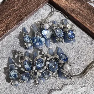 Blue Butterfly Luxury Press On Nail Stiletto Shape Crystal style