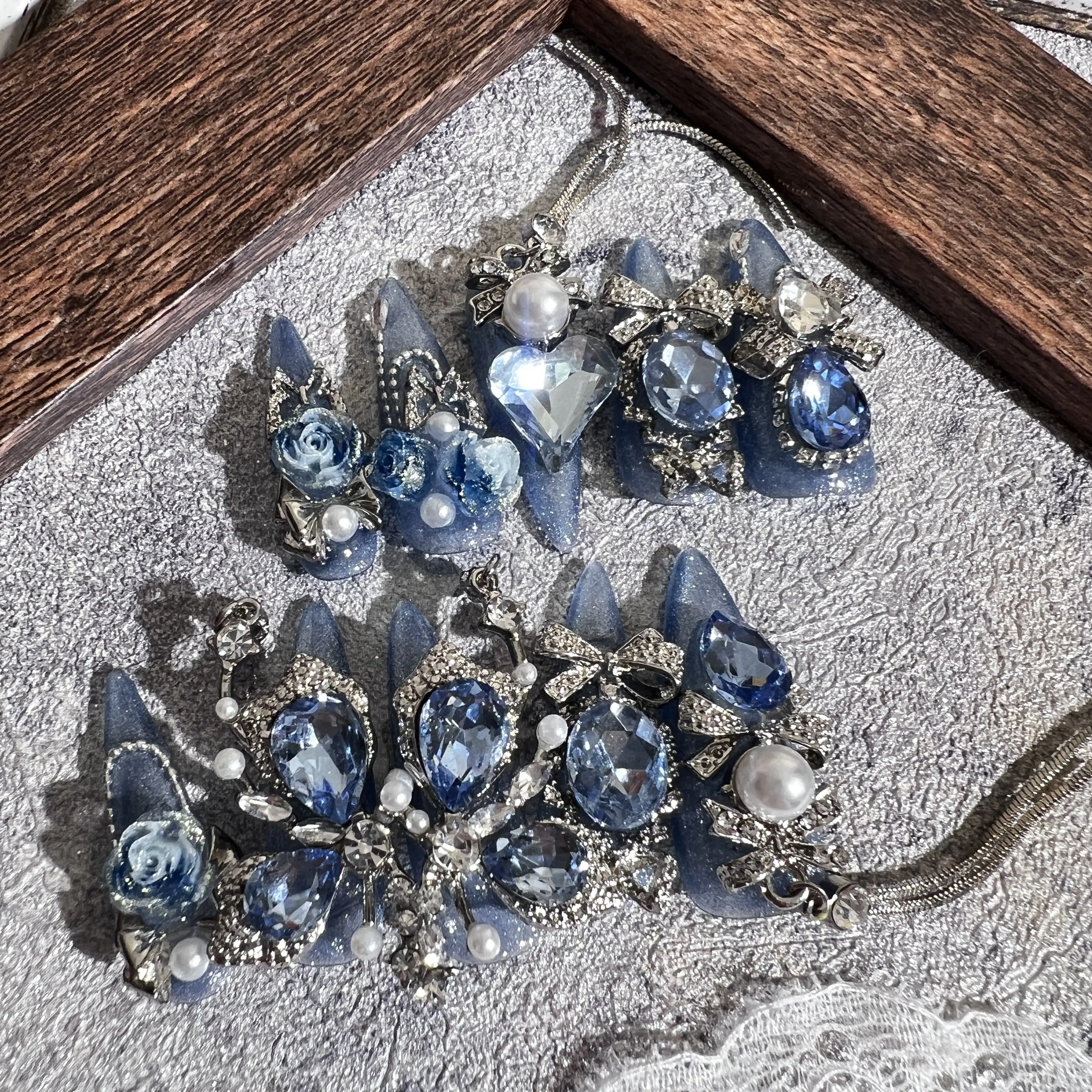 Blue Butterfly Luxury Press On Nail Stiletto Shape Crystal style