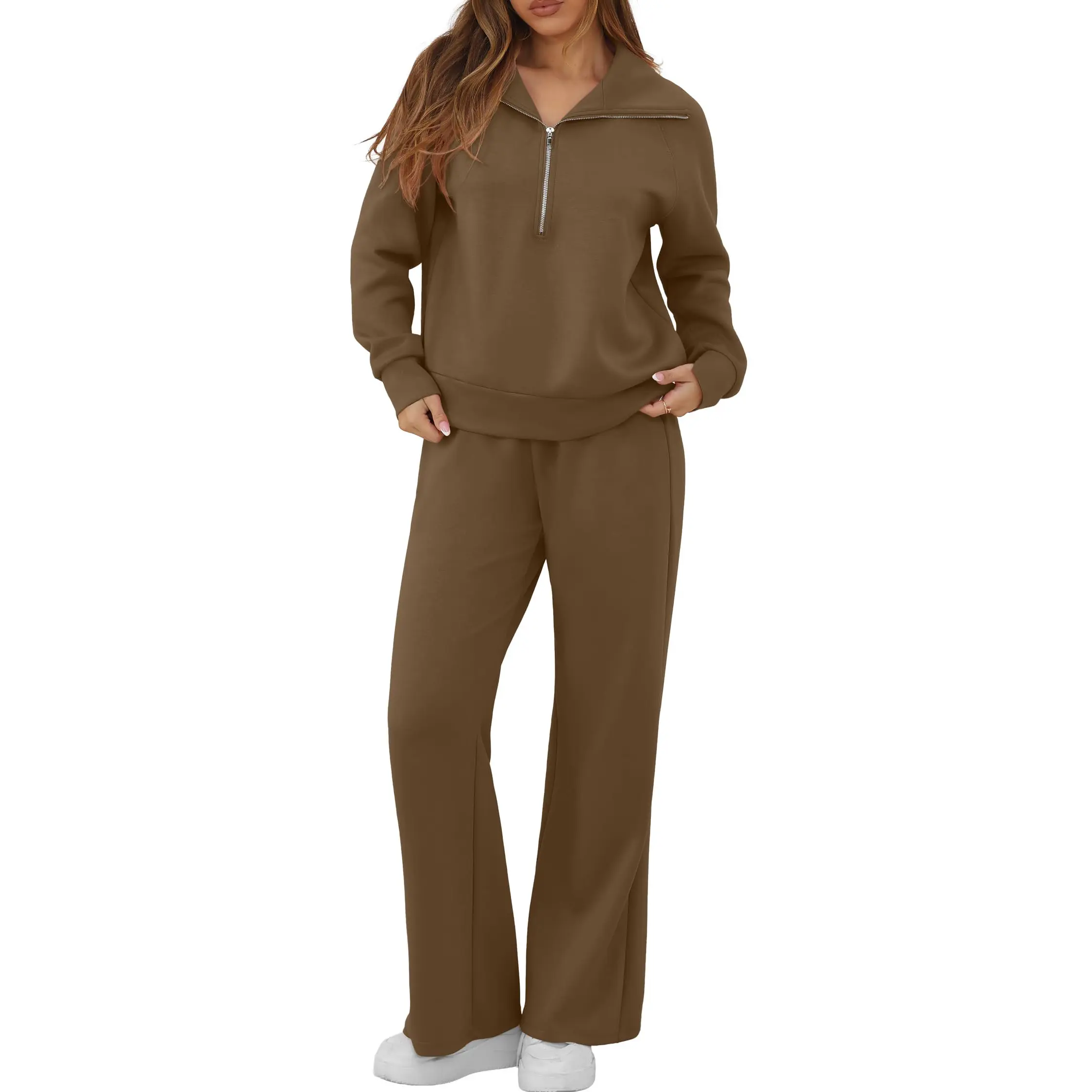 GRECERELLE Lounge Sets For Women 2026 Casual Lapel Half Zip Sweatshirt And Wide Leg Sweatpant 2 Piece Outfits Fall Tracksuit Sets