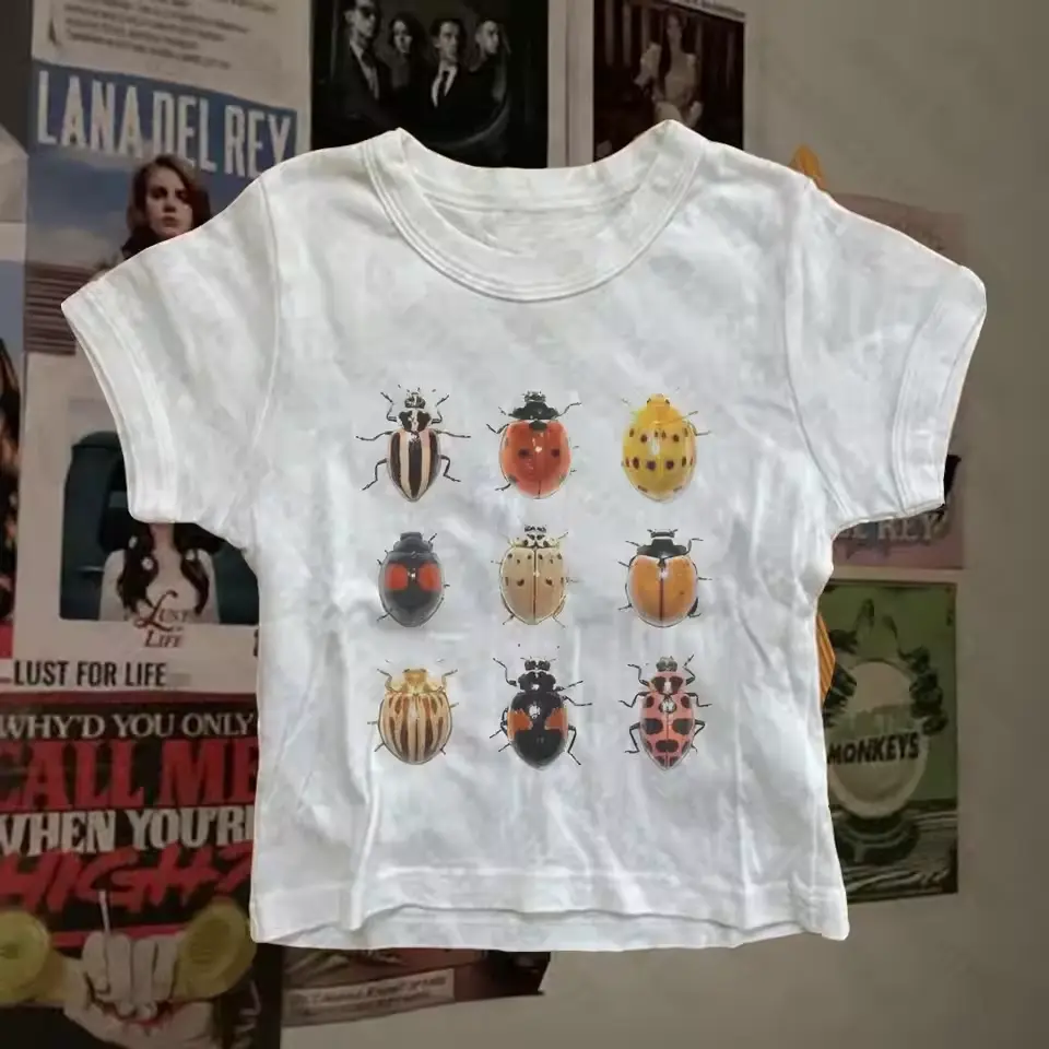 Ladybug Baby Tee, Summer Punk Gothic Baby Tee, Y2K Cute Vintage Aesthetic Print Crop Tops, Women Baby Tee, Summer Slim Aesthetic Woman Baby Tee Emo Girls