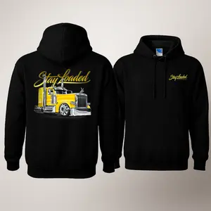 Stay Loaded Hoodie with 2 Sides Graphic, Bold Yellow Semi Truck Back Print with Chrome Accents and Script Logo, Front Stay Loaded Chest Logo, Soft Cotton Blend Hoodie, Streetwear Apparel for Men and Women, Gift for Truckers and Diesel Culture Enthusiasts