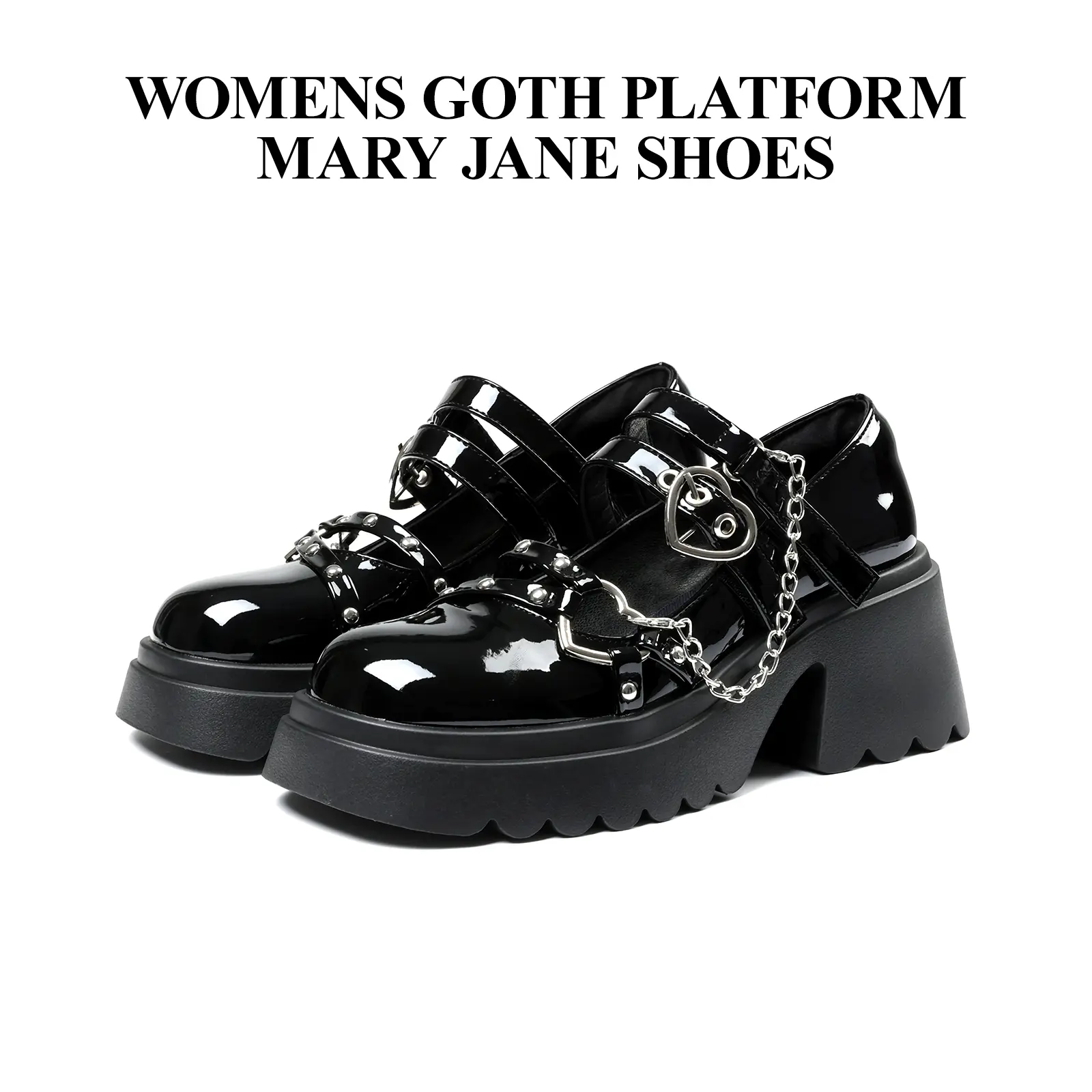 CYNLLIO  Womens Platform Shoes Round Toe Chunky Wedges High Heels Fashionable Goth Black Punk Buckle Strap Chain Heart Studded Comfortable Slip On Party Cosplay Gothic Summer Mary Jane Pumps Shoes