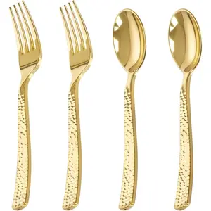 400PCS Gold Plastic Spoons and Forks Disposable-Gold Plastic Silverware Set Disposable-200 Forks and 200 Spoons for Party, Birthday
