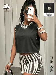 Unisex Summer Casual Everyday Fashion Cotton, Black Silver Metal Studs Studded Rivet Beaded Armhole Trim Solid Sleeveless Tank Top Muscle Tee Vest Vintage Streetwear Goth Punk Rock Biker Dark Style Y2K Acid Wash Distressed Going Out Club Party Concert Fes
