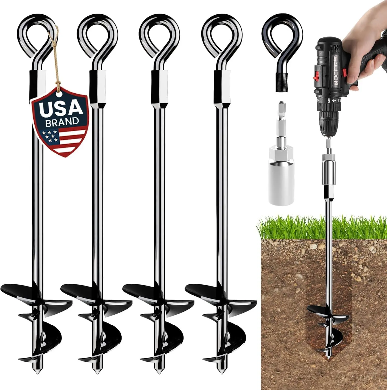 15" Screw-in Ground Anchors Heavy Duty Ground Stakes for High Winds, Earth Anchors for Sheds, Swing Sets, Tents, Trampolines, Gazebos, Carports and Hurricane Tie-Downs