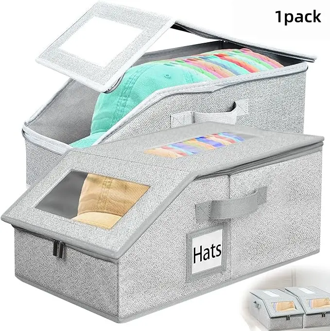 Stackable Transparent Metal Hat Organizer Storage Box (1 Pack) - Rectangular, Smooth, Cardboard Base, Holds Up to 24 Baseball Caps & Clothes, Durable Classic Wardrobe Organizer for Men, Home Storage Bin, Window