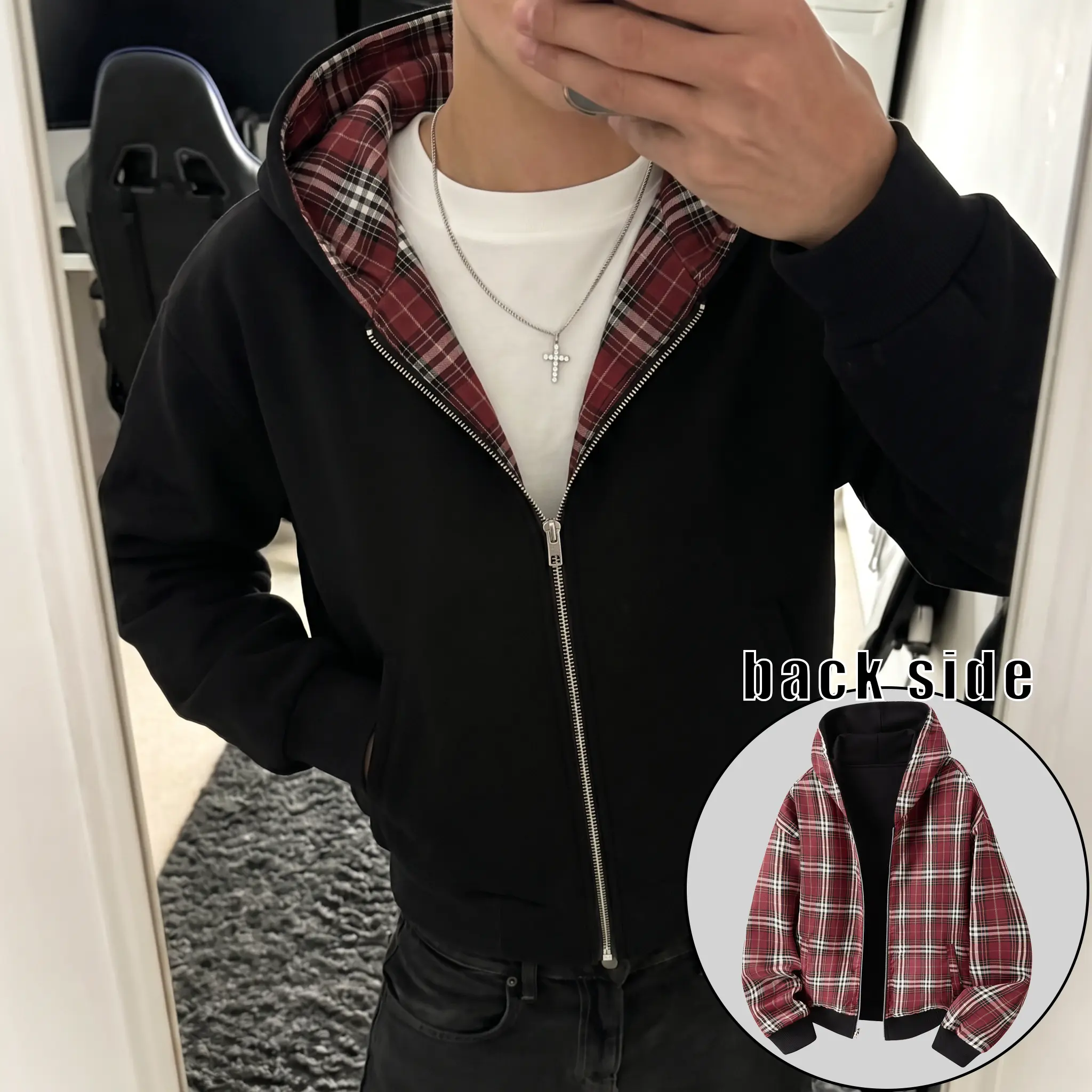 Men’s fashionable reversible casual loose plaid zip-up hoodie; autumn top; menswear; suitable for everyday wear, commuting, street style, and outdoor activities.