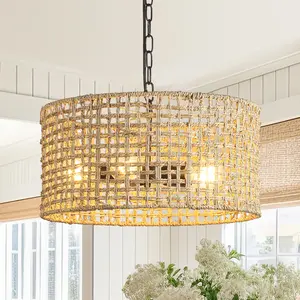 Boho Pendant Light for Kitchen Island, 17.7" Natural Hand-Woven Rattan Chandelier Bohemian Hanging Ceiling Lights Coastal 5-Light Wicker Lighting Fixture for Restaurants Living Dining Room