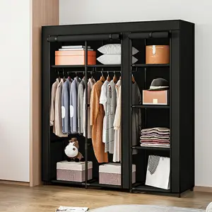 Portable Wardrobe Closet Storage Organizer Metal Hanging Rack Non-Woven Fabric (Coffee, Black,51 Inch)