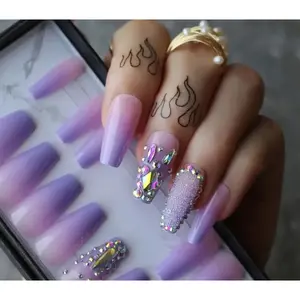 Purple Ombre Press On Nails With Rhinestones