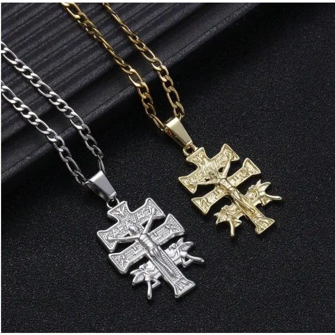 1pc Stylish Catholic Caravaca Cross Pendant Necklace, 14K Gold & Silver Stainless Steel with Angel Figure, 3mm Flat Figaro Chain for Special Occasions