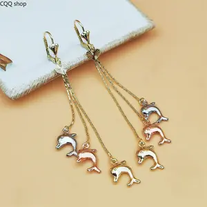 Gold Plated Long Fish Dangle Earrings, chic puffer fish design. Elegant trendy earrings for women, versatile stylish accessory for daily wear and gatherings