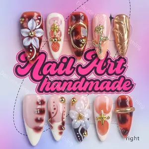 Delicatething Y2K Style Long Sharp Nails, Handmade Wearable Nail Set, 4 Sizes XS S M L, Beads, French Design, Perfect Gift for Women