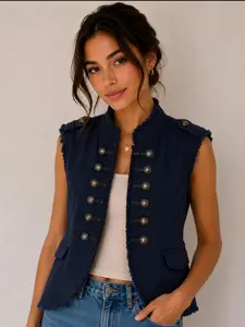 Women's Chic Military-Inspired Vest with Decorative Buttons, Tailored Fit Sleeveless Layering Piece for Casual & Evening Looks
