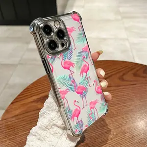 Pink Flamingo Tropical Leaves phone case For iPhone 16/15/14/13/12 Pro Max Phone Case Electroplating luxury transparent four corner anti drop  shockproof phone case 1014ddkp-18