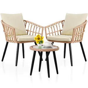 Ainfox 3-Piece Patio Bistro Furniture Set, Outdoor Wicker Rattan Chat Coversation w/Glass Top Table & Cushions for Porch, Backyard, Apartment, Balcony (Beige)
