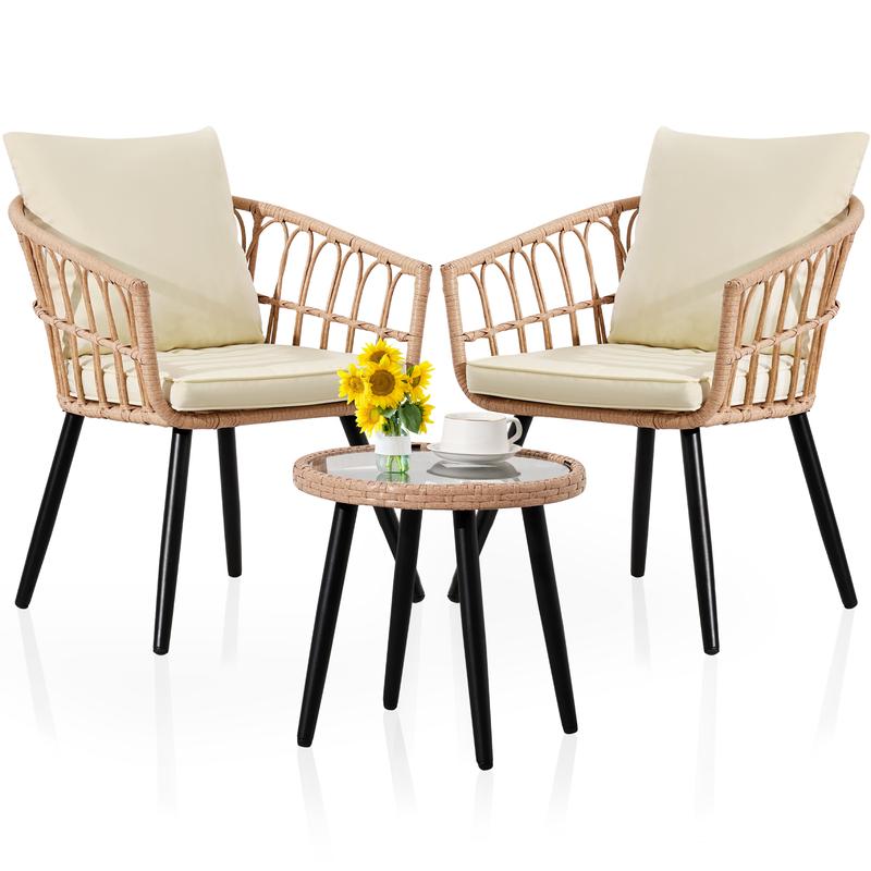 Ainfox 3-Piece Patio Bistro Furniture Set, Outdoor Wicker Rattan Chat Coversation w/Glass Top Table & Cushions for Porch, Backyard, Apartment, Balcony (Beige)