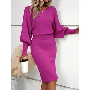 Autumn and Winter Solid Color Lantern Sleeve Waisted Sweater Dress