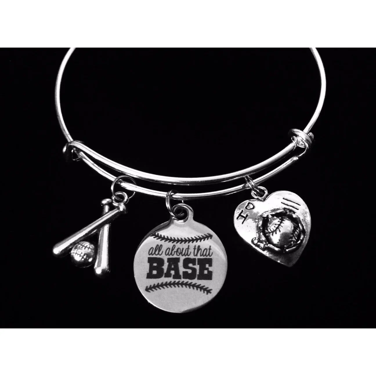 It's All About That Base Expandable Charm Bracelet Love Baseball or Softball Silver Adjustable Bangle Trendy One Size Fits All Gift Baseball Bats